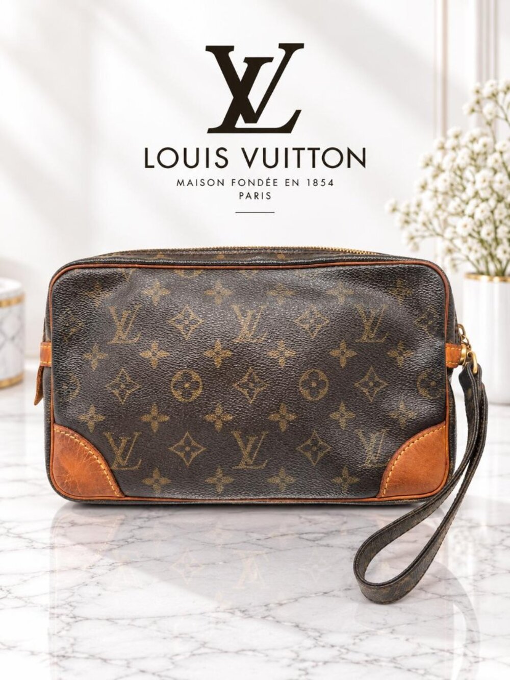 Authentic Louis Vuitton Marly Dragonne Monogram Canvas Zip Clutch Front Pocket